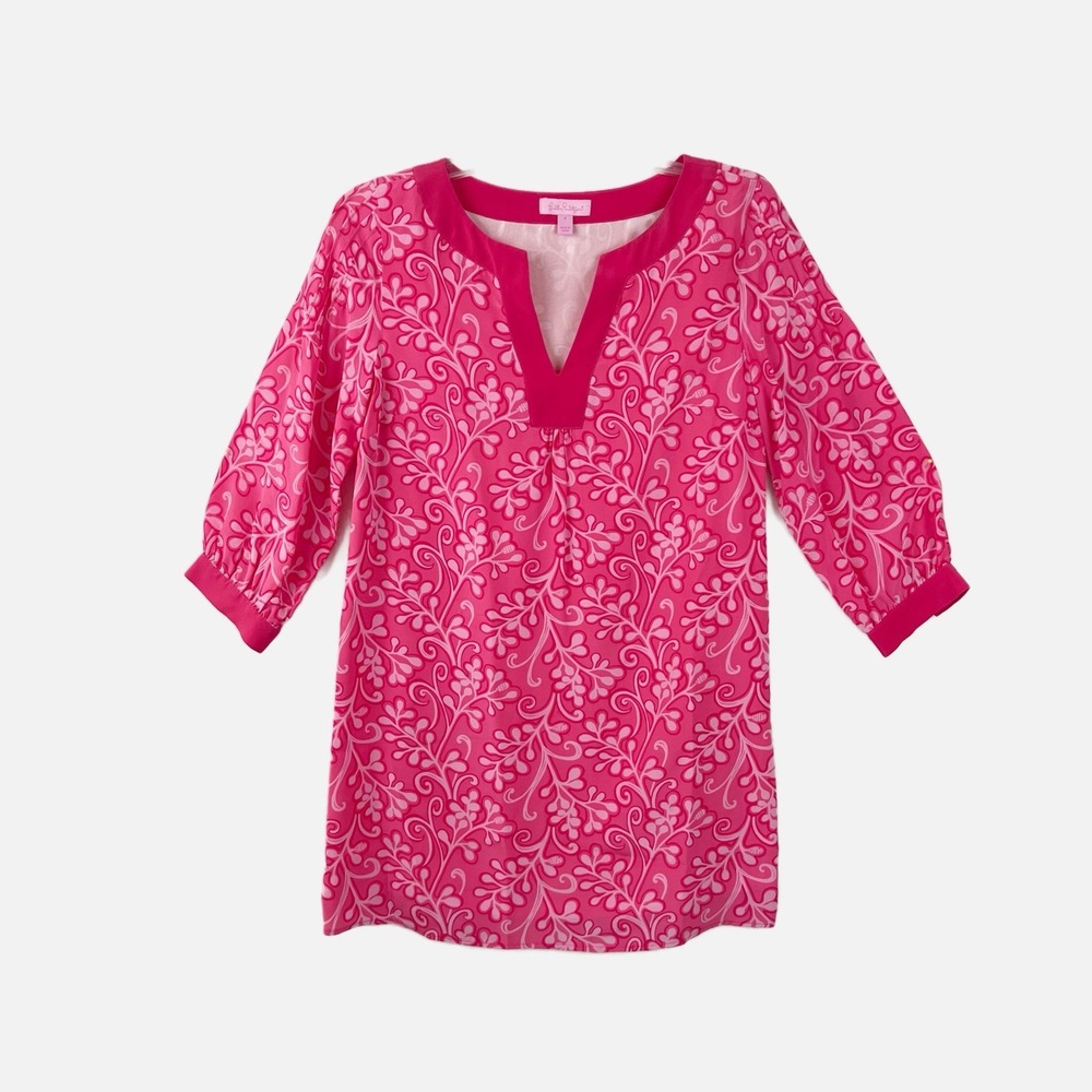 LILLY PULITZER Preppy Garden Party Pink 100% Silk Tunic Dress Long Sleeve Size 0